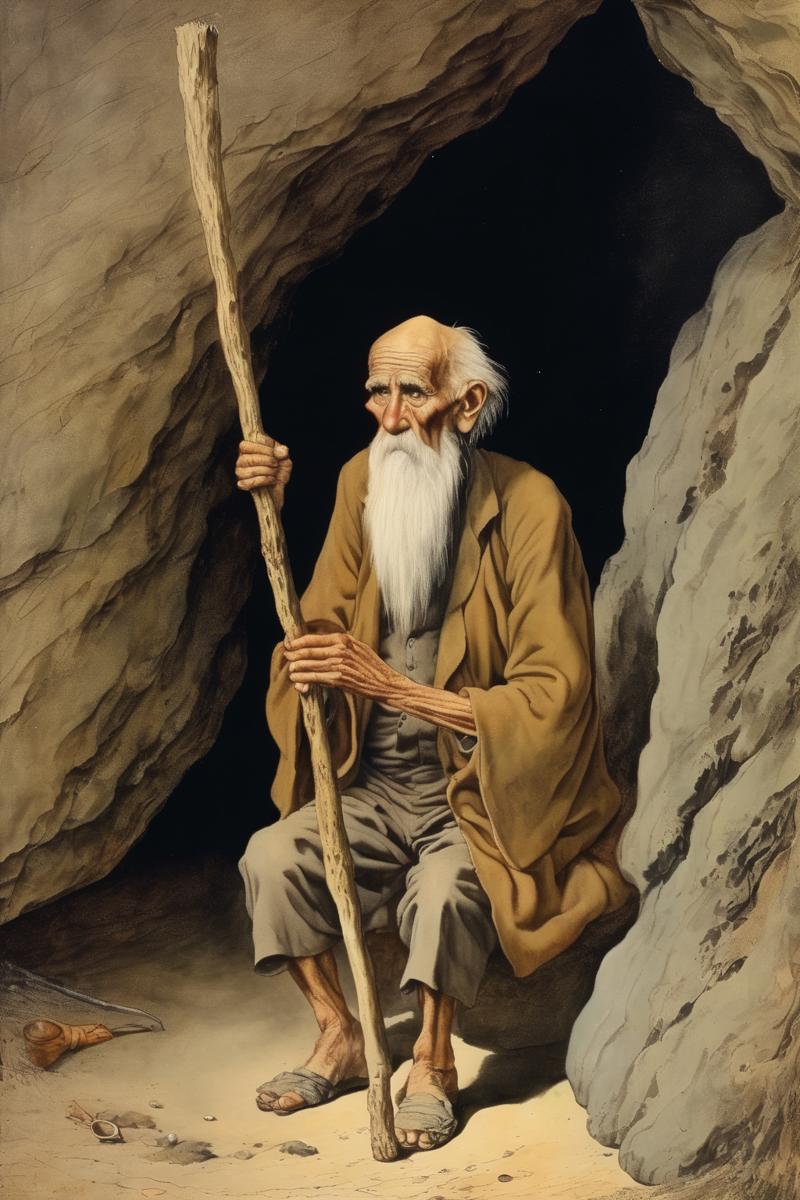 00384-1371107005-_lora_Richard Dadd Style_1_by Richard Dadd Style - solitary old man seated in front of a cave and armed with a large stick.png